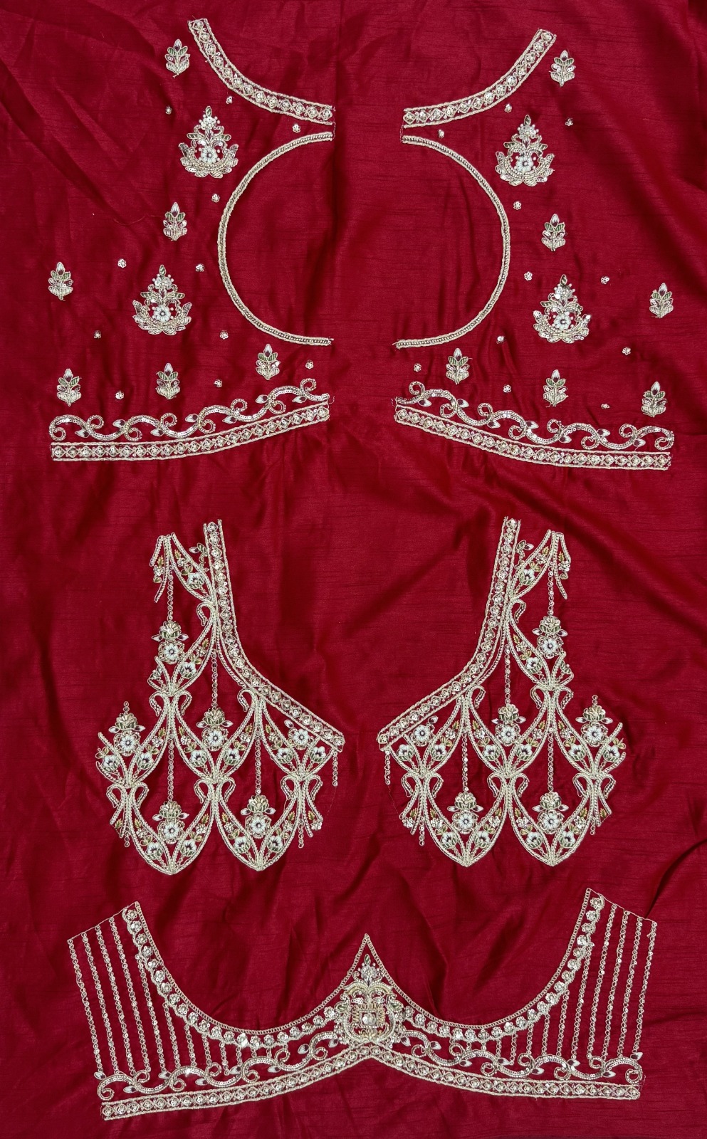 Maroon Silk Bridal Embroidered using Beads, Moti, Cotton Multi-Thread Handwork Semi-Stitched Lehenga Choli